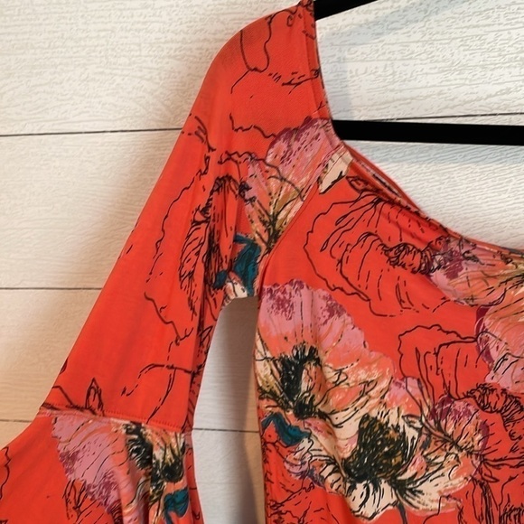 Free People Birds of Paradise Floral Print Off Shoulder Bell Sleeve Blouse M - Picture 6 of 13